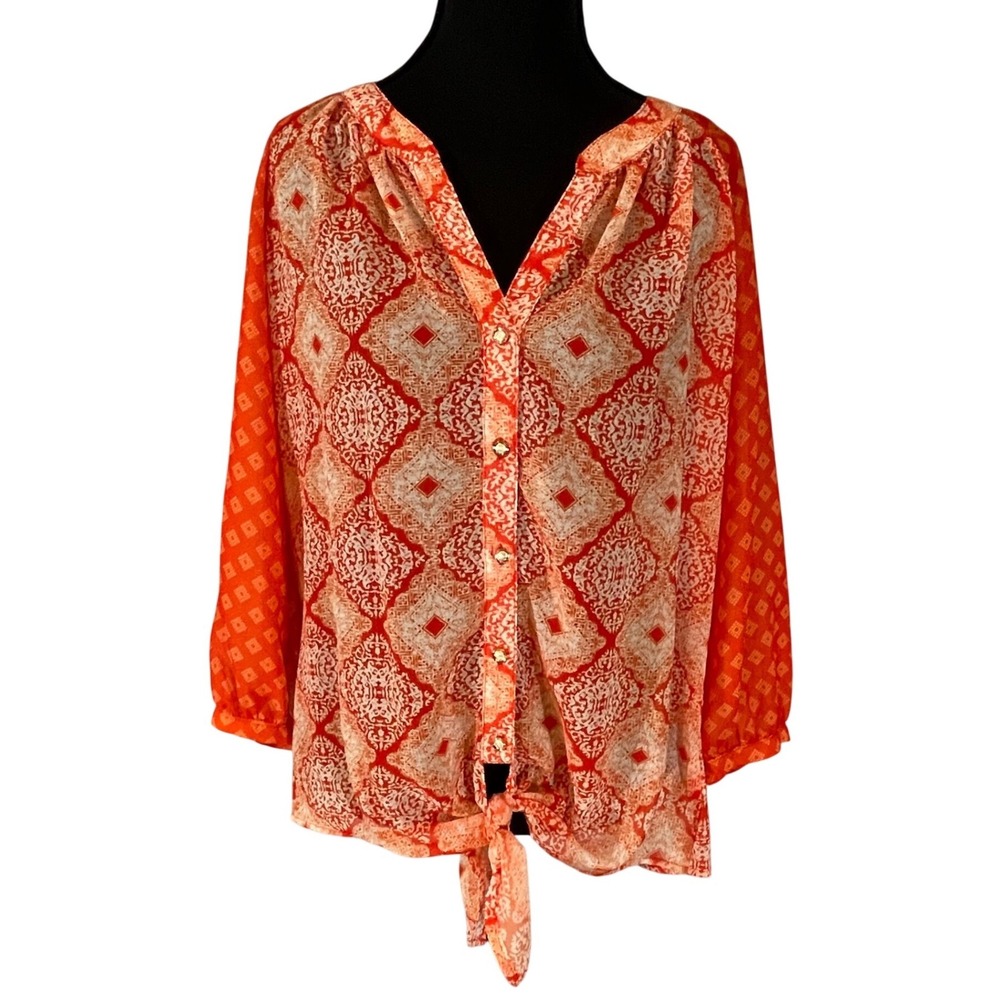 KUT from the Kloth Orange Medallion Tie‎ Front Blouse Womens Large Boho Top